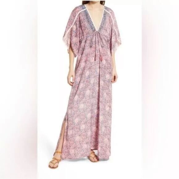 RAGA Baran caftan dress Pink Blue Paisley maxi tassel tie Anthropologie M - Picture 1 of 13